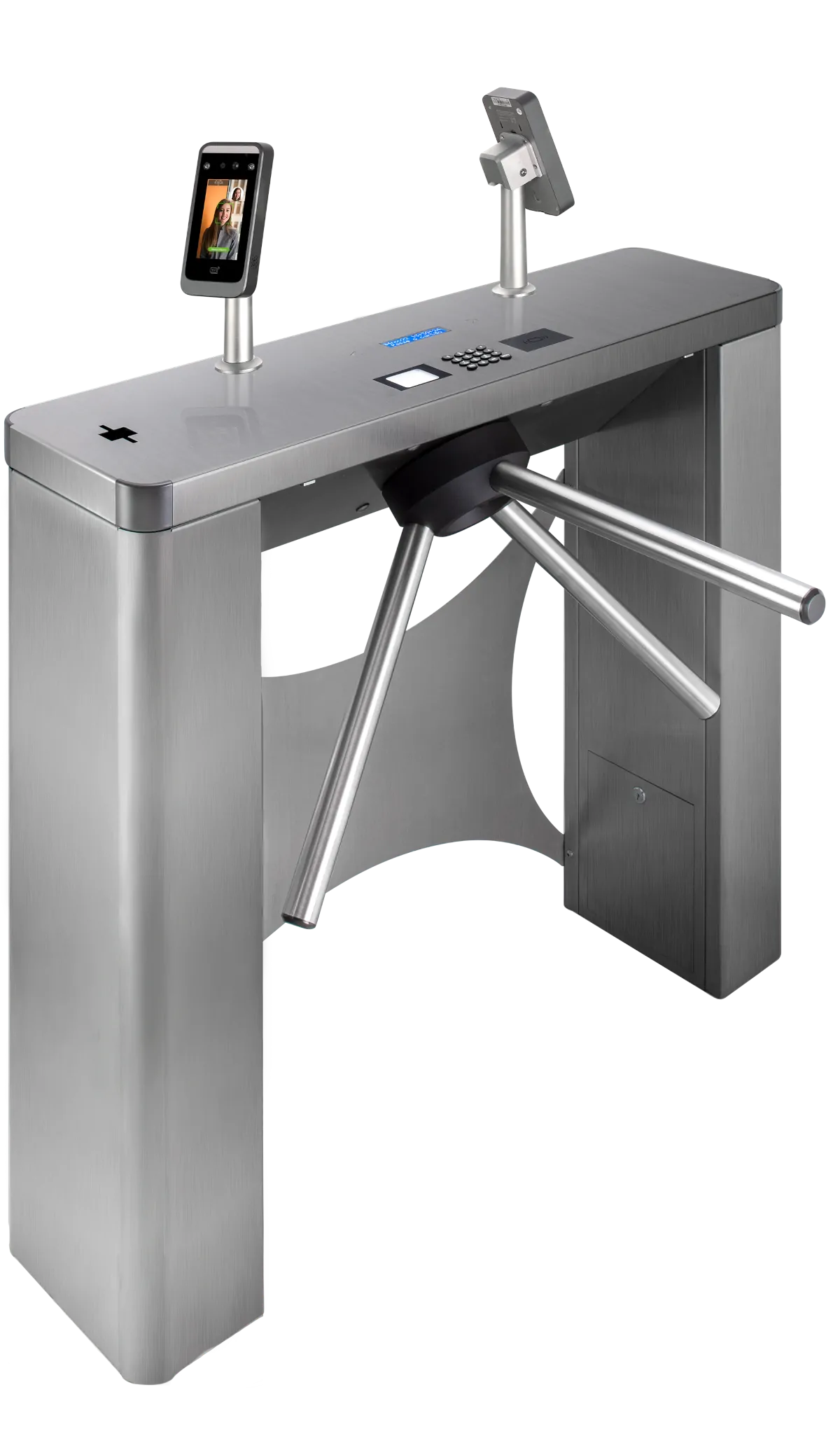 Detalhe de catraca inox com leitor facial